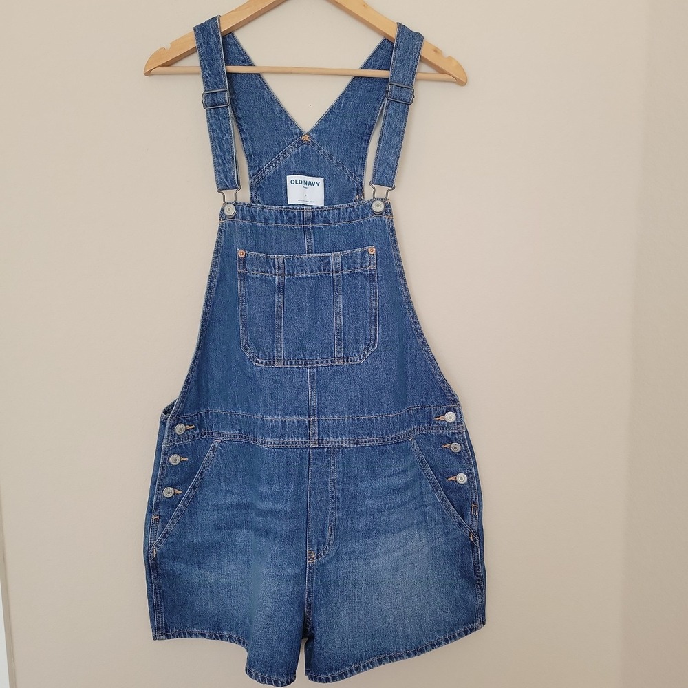 Old Navy Womens Blue Shortalls Baggy Overalls Shorts Size L Bib Dark Wash Retro